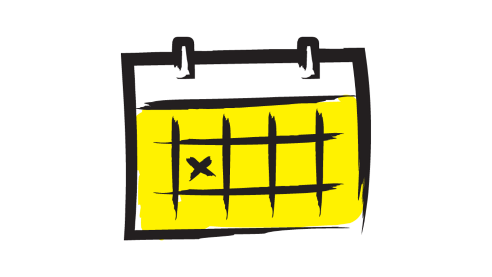 An illustration of a calendar outlined in a black paintbrush style design with yellow accents.