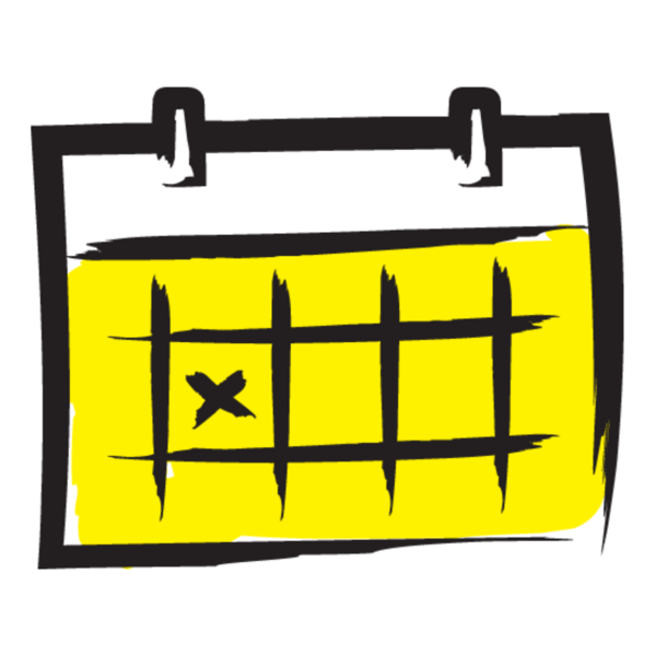 An illustration of a calendar outlined in a black paintbrush style design with yellow accents.
